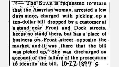 Assyrian woman charged with picking up a ten dollar bill from the ground, 1897