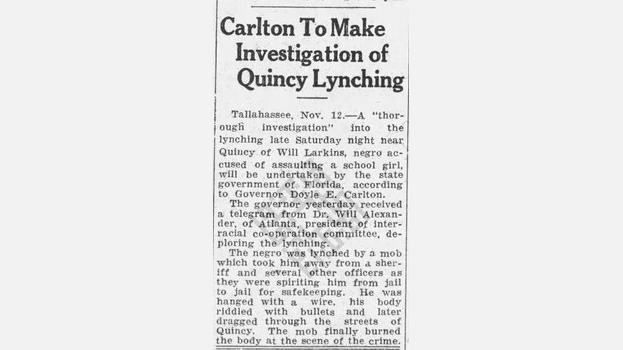 1929-11-12 &quot;Carlton To Make Investigation of Quincy Lynching&quot; in The Tampa Times