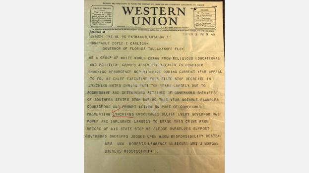 1930-11-03 Telegram from &quot;A Group of White Women&quot; to Florida Governor Carlton Regarding Lynching