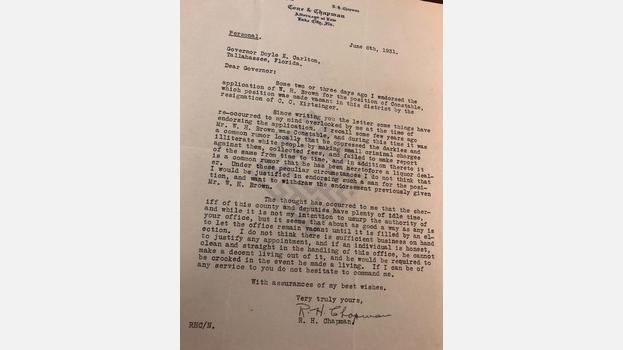 1931-06-06 Letter from R.H. Champan to Florida Governor Carlton Regarding a Constable in Columbia County